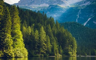 Картинка природа, горы, озеро, лес, пейзаж, отражение, небо