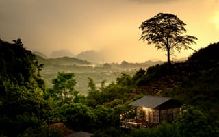 Картинка природа, пейзаж, дом, дерево, горы, закат, спокойствие, ландшафт
