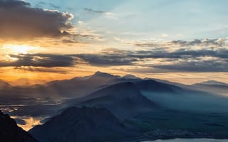 Картинка горы, закат, природа, пейзаж, облака, река, мгла, красота, пейзажный, отдых