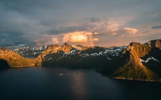 Картинка горы, озеро, природа, пейзаж, закат, облака, снег