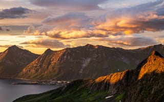 Картинка горы, природа, закат, пейзаж, облака, озеро, ландшафт