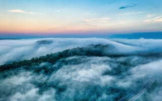 Картинка природа, туман, горы, закат, пейзаж, небо, лес