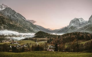 Картинка горы, пейзаж, природа, закат, туман, лес, долина