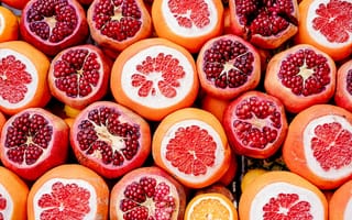 Картинка фрукты, гранат, апельсин, еда, натюрморт, цвет, сочный