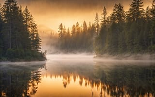 Картинка природа, озеро, лес, рассвет, туман, отражение, пейзаж, спокойствие, красота, мир