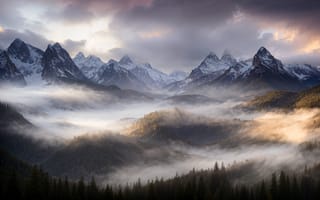 Картинка горы, природа, пейзаж, туман, лес, закат, мгла, вода, небо, снег