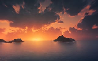 Картинка закат, острова, море, пейзаж, облака, природа, горы