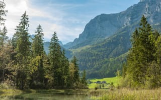 Картинка природа, горы, лес, озеро, пейзаж, вода, небо, зелень, отдых, пейзажный