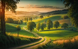 Картинка пейзаж, природа, горы, долина, деревья, закат, дорога, зелень, освещение, спокойствие