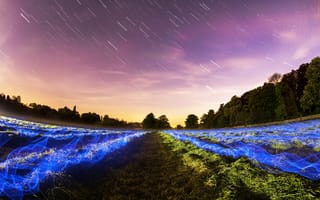 Картинка пейзаж, ночное небо, звезды, свет, природа, поле, синий