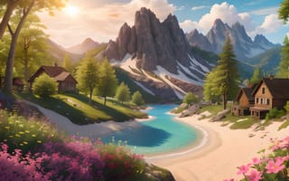 Картинка природа, горы, озеро, пейзаж, домики, цветы, солнце, лето, песок, лес