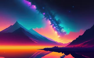 Картинка пейзаж, горы, космос, галактика, закат, река, цвета