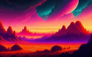 Картинка пейзаж, космос, горы, небо, цвета, галактика, свет