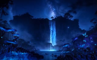 Картинка водопад, ночь, природа, галактика, свет, лес, фантазия