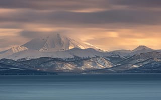 Картинка горы, пейзаж, снег, природа, озеро, закат, вулкан