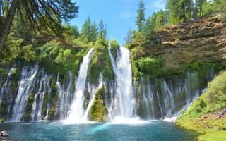 Картинка водопад, природа, пейзаж, лес, вода, солнце, отдых