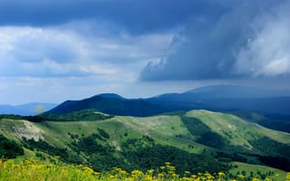 Картинка горы, пейзаж, природа, небо, тучи, зелень, цветы