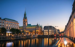 Картинка Гамбург, архитектура, вечер, река, город, пейзаж, огни
