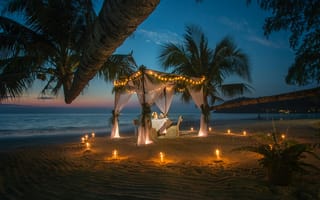 Картинка пляж, романтика, закат, свечи, пальмы, отдых, свадьба