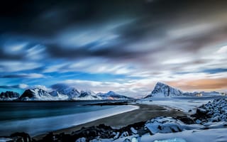 Картинка пейзаж, горы, снег, океан, небо, природа, зима, холод