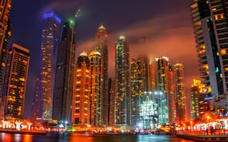 Картинка город, ночь, небоскребы, огни, архитектура, пейзаж, современный