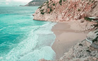 Картинка пляж, море, скалы, природа, пейзаж, отдых, водопад