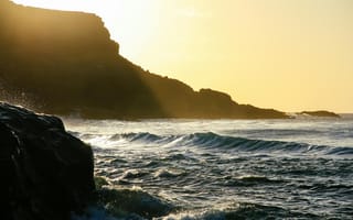 Картинка море, закат, пейзаж, природа, скалы, волны, свет