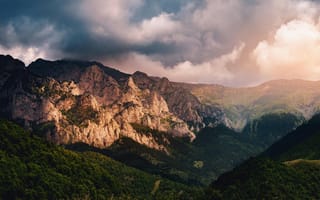 Картинка горы, природа, пейзаж, облака, лес, закат, красота