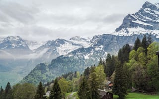 Картинка горы, природа, пейзаж, лес, озеро, облака, снег