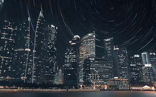 Картинка город, ночь, небо, здания, огни, архитектура, пейзаж