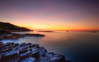 Картинка закат, море, скалы, природа, пейзаж, спокойствие, водная гладь