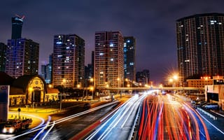 Картинка город, ночь, свет, здания, трафик, урбанистический, пейзаж