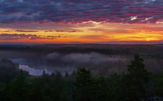 Картинка закат, природа, лес, озеро, облака, пейзаж, туман, красота, мир, спокойствие