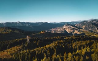 Картинка природа, горы, лес, пейзаж, небо, электрические столбы, отдых