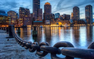 Картинка город, ночь, небо, здание, отражение, порт, свет