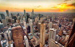 Картинка город, небо, закат, архитектура, высотки, пейзаж, городской