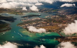 Картинка пейзаж, небо, город, вода, облака, аэропорт, природа, вид сверху