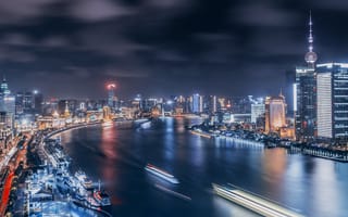 Картинка город, ночь, неон, пейзаж, Шанхай, река, архитектура, огни, современный, туризм