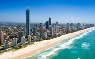 Картинка город, пляж, небо, здания, океан, пейзаж, туризм, архитектура, солнце, отдых