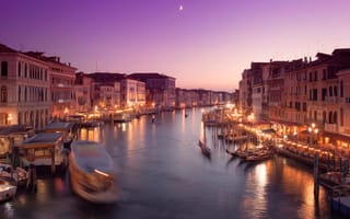 Картинка Венеция, канал, закат, архитектура, пейзаж, город, огни