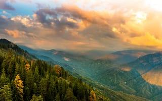 Картинка пейзаж, горы, лес, облака, закат, природа, красота