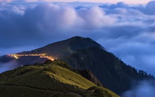 Картинка горы, облака, природа, пейзаж, закат, туман, ночь