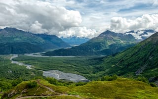 Картинка горы, природа, пейзаж, озеро, лес, облака, долина