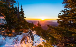 Картинка закат, природа, горы, лес, снег, пейзаж, небо