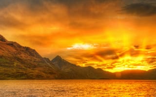 Картинка закат, природа, горы, море, пейзаж, небо, солнце