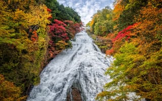 Картинка водопад, осень, природа, пейзаж, деревья, цвета, небо