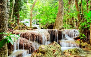 Картинка водопад, природа, лес, река, камни, зелень, пейзаж