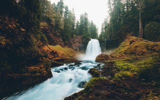 Картинка водопад, природа, река, лес, пейзаж, вода, зелень, горы