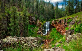 Картинка водопад, природа, лес, камни, пейзаж, зелень, горы