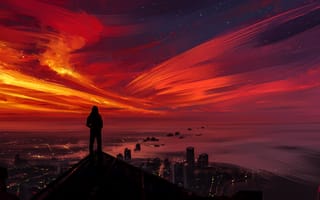 Картинка закат, город, пейзаж, человек, небо, горы, силиуэт